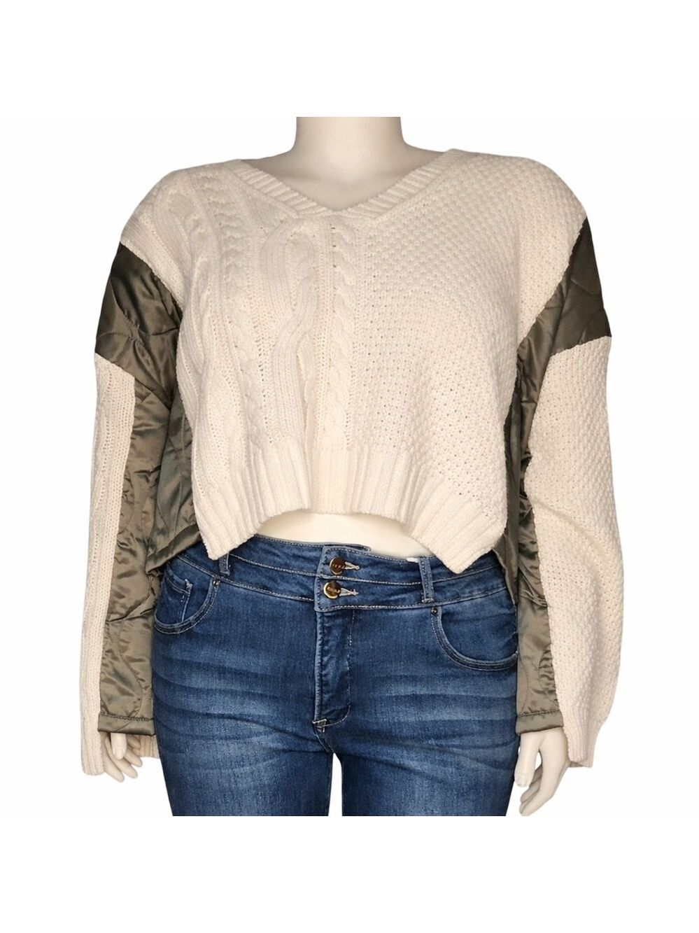 POL Ivory Cable Knit Sweater w Olive Quilted Sleeves Large NWOT